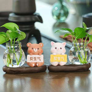 <b>Cute</b> Pig And Dog Resin Figurine With Glass Vase Plant Set 2Pcs Desk Decor Office Gift - Product Image 2