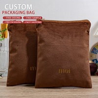 Pochette de voyage en velours avec fermeture éclair et impression de logo personnalisé, marron, pour maquillage, réutilisable pour perruques et parfums