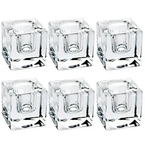 Hot Sales 6Pcs Square Taper Glass Candle Holder Craft For Home Decoration Clear Small Glass Candle Holders