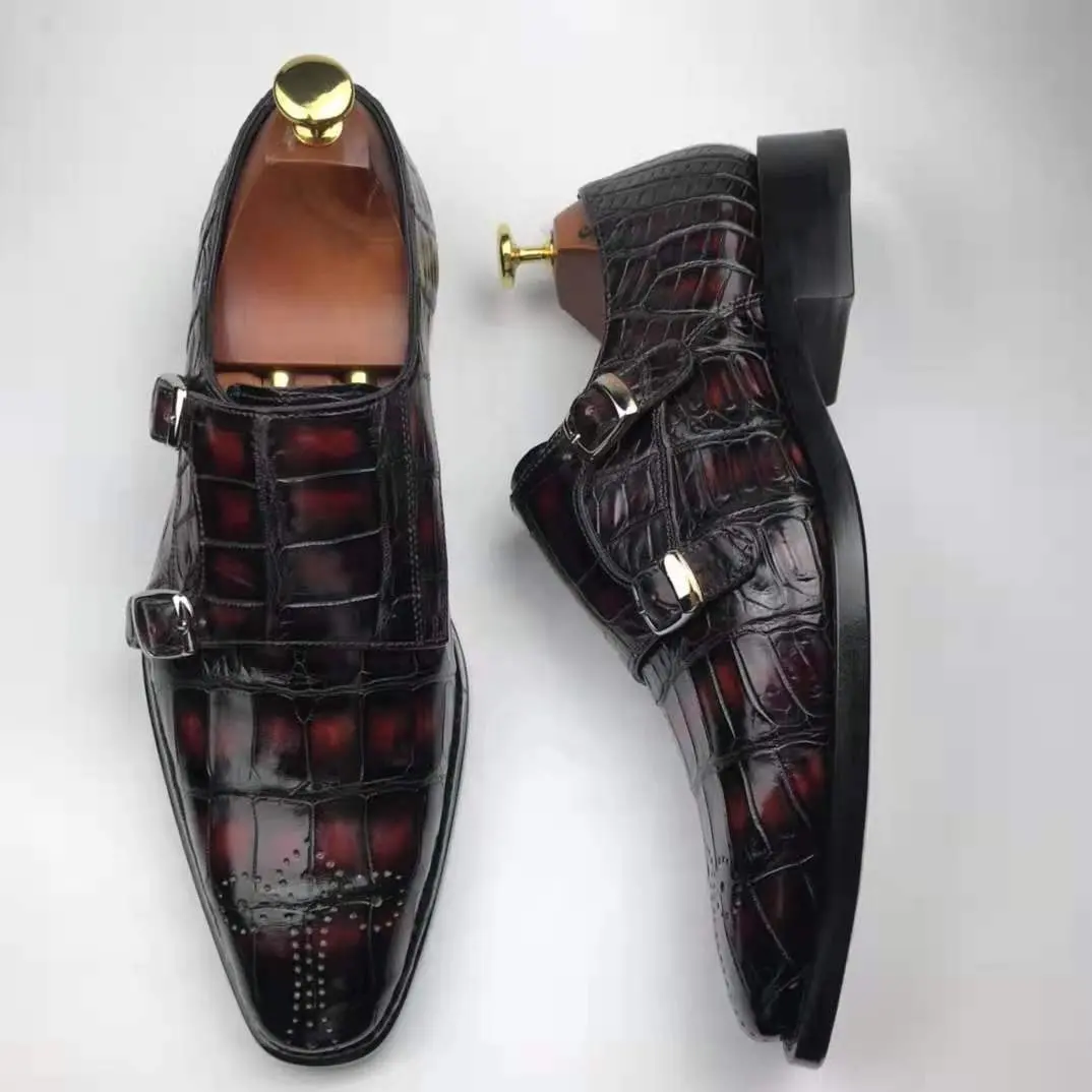 Chaussures en cuir pour hommes, faites à la main, avec boucle rouge vin, style crocodile, accessoires d'affaires et de bureau, meilleures ventes,