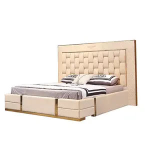 Tempat Tidur King Berlapis Kain Modern Tempat Tidur Wingback Kulit Emas Dipoles Mewah dengan Sandaran Kepala Kulit