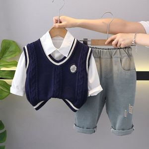 Ensemble de vêtements pour enfants Maxfree, style scolaire pour garçons, pull à manches longues, gilet, pantalon en jean décontracté, trois pièces - Product Image 2
