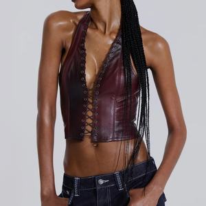 Conjunto de Falda y Top de 2 Piezas para Mujer, en Cuero PU, con Cuello Halter en V, Sin Mangas, Top Sexy con Cordones y Falda Ajustada - Product Image 4