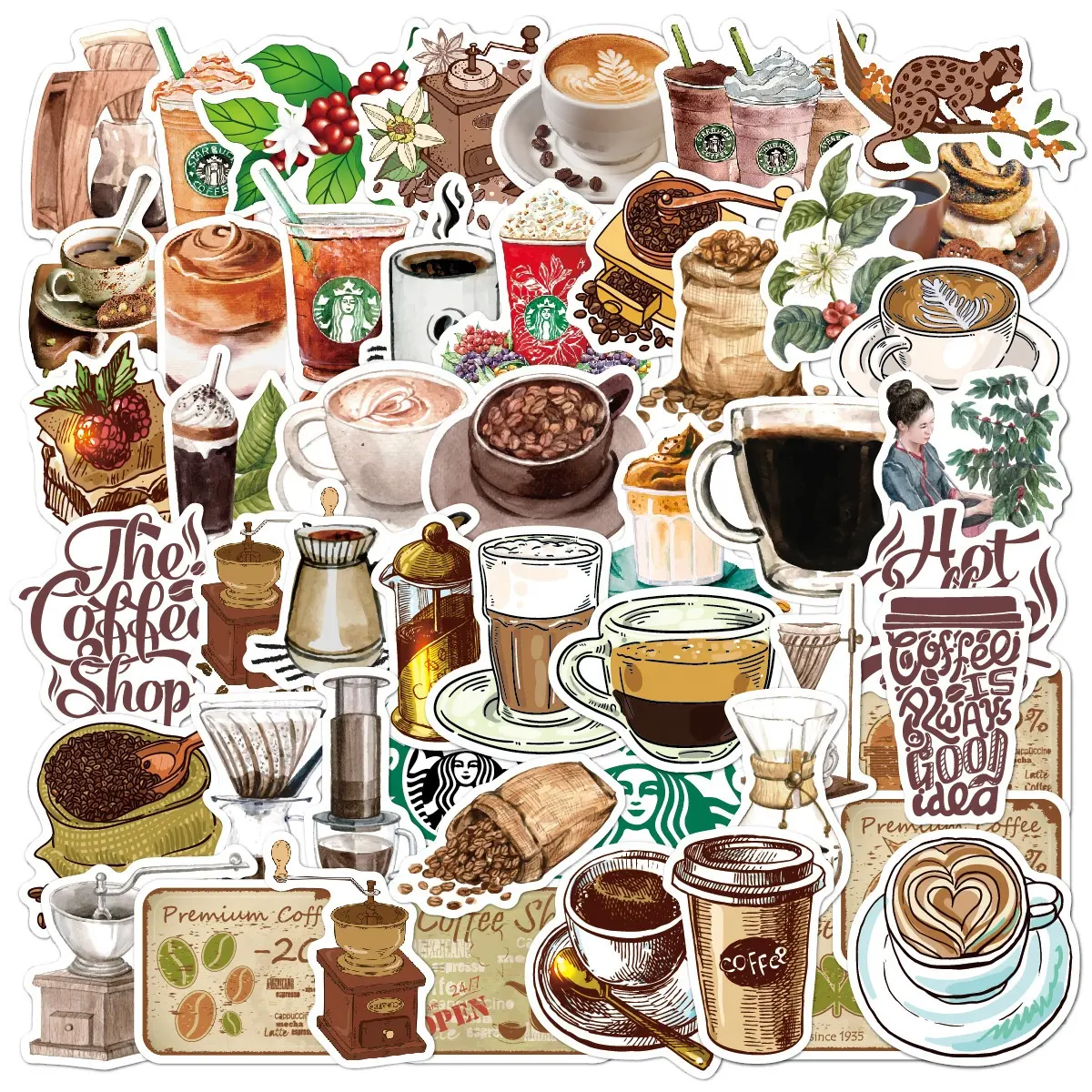 50Pcs Vintage Coffee Stickers For Notebook Laptop Car Wall Book Diary Decor Luggage Shop Cartoon Decorative Sticker