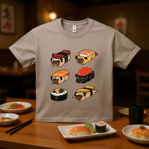 T-shirt Pug Sushi unisex per adulti, taglia media, con grafica divertente e design animale - Product Image 3