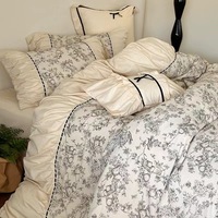 Ensemble de literie 6 pièces en polyester noir et blanc imprimé avec dentelle et nœuds, comprenant housse de couette, drap plat et drap-housse
