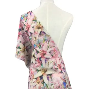 卡恩价格便宜的卷花式新款设计涤纶面料粉色花朵印花雪纺面料女孩连衣裙
