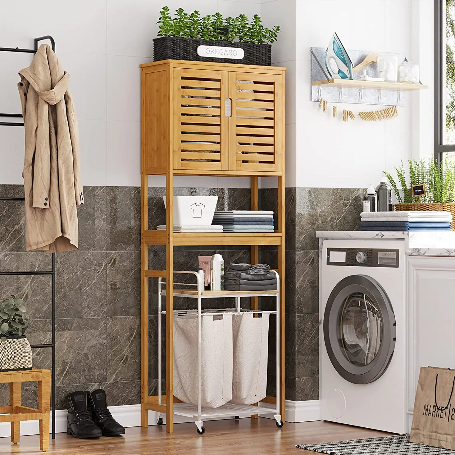 Over The Toilet Storage Cabinet, Tall Bathroom Cabinet Organizer with Cupboard and Adjustable Shelves, Freestanding Toilet Shelf