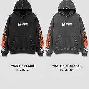 Sweat à capuche oversize noir délavé avec imprimé flamme sur les manches, en molleton de coton épais pour homme - Product Image 6