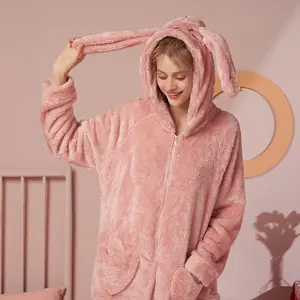 Pijama de lana de manga larga para mujer, ropa de dormir bonita con orejas de conejo, para el hogar, novedad