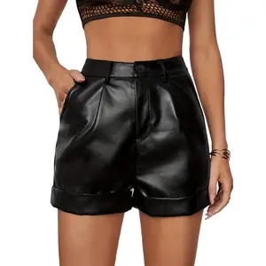 Women's Shorts Vintage Faux Solid PU Leather Dual Pocket Sexy Western Black High Waist Trousers Female Casual Wear Shorts