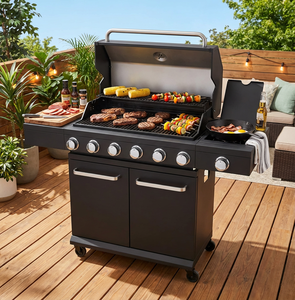 Parrilla <span class=keywords><strong>de</strong></span> Gas Negra Premium Personalizada <span class=keywords><strong>de</strong></span> 6+1 Quemadores con Gabinete, Ideal para Cocinar en el Jardín, Patio Trasero o Terraza - Product Image 1