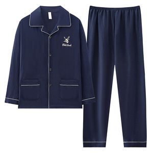 Grosir katun pria musim semi kualitas tinggi Set piyama Solid kancing panjang longgar untuk pria pakaian tidur lembut nyaman