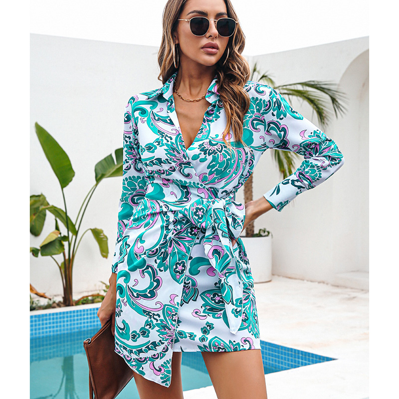 New spring summer floral office lady women's v neck flower print women dress casual long sleeve dresses