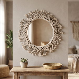 Miroir mural rond en macramé, cadre décoratif bohème fait main, design LED - Product Image 1