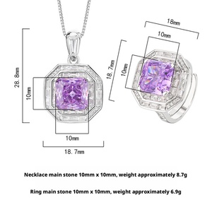 Trendy Eco-friendly Copper <b>Iced</b> <b>Out</b> Purple Cubic Zirconia Jewelry Set 10*10mm High Carbon Diamond Necklace Ring for Casual Wear - Product Image 2