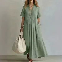 Robe élégante pour femmes, coupe ajustée, col en V, en couleurs unies, pour les vacances d'été, vente en gros, polyester, disponible en plusieurs tailles