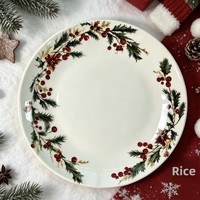 Assiette plate en céramique de style américain vintage avec motif de plantes de houx, idéale pour les fêtes de Noël, compatible lave-vaisselle et micro-ondes, pour la présentation de desserts