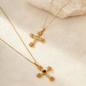Collar Personalizado de Acero Inoxidable con Rosa, Joyería Permanente Personalizada, Cadena con Cruz Chapada en Oro, Collares de Moda con Colgante para Mujer - Product Image 2