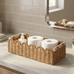 Cesta de Almacenamiento Rectangular de Ratán Natural con Asas de Madera para Organización del Baño, Estilo Rústico - Product Image 2