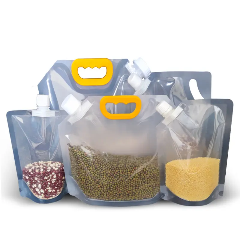 Sacchetto sigillato a prova di umidità per cereali personalizzato sacchetto per beccuccio per imballaggio trasparente 150ml 1 litro 5L sacchetti per imballaggio di riso con manico