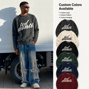 Pull en mohair jacquard personnalisé avec logo pour homme, style streetwear, col rond, tricoté, OEM - Product Image 1