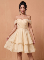 Robe de soirée pour femme, robe de mariée, robe de bal, robe formelle à épaules dénudées pour femme, robe de bal courte en mousseline de soie coupe trapèze grande taille