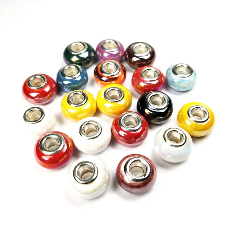 Wholesale 15mm bright colors 5mm large hole ceramic rondelle European spacer bead for jewelry making