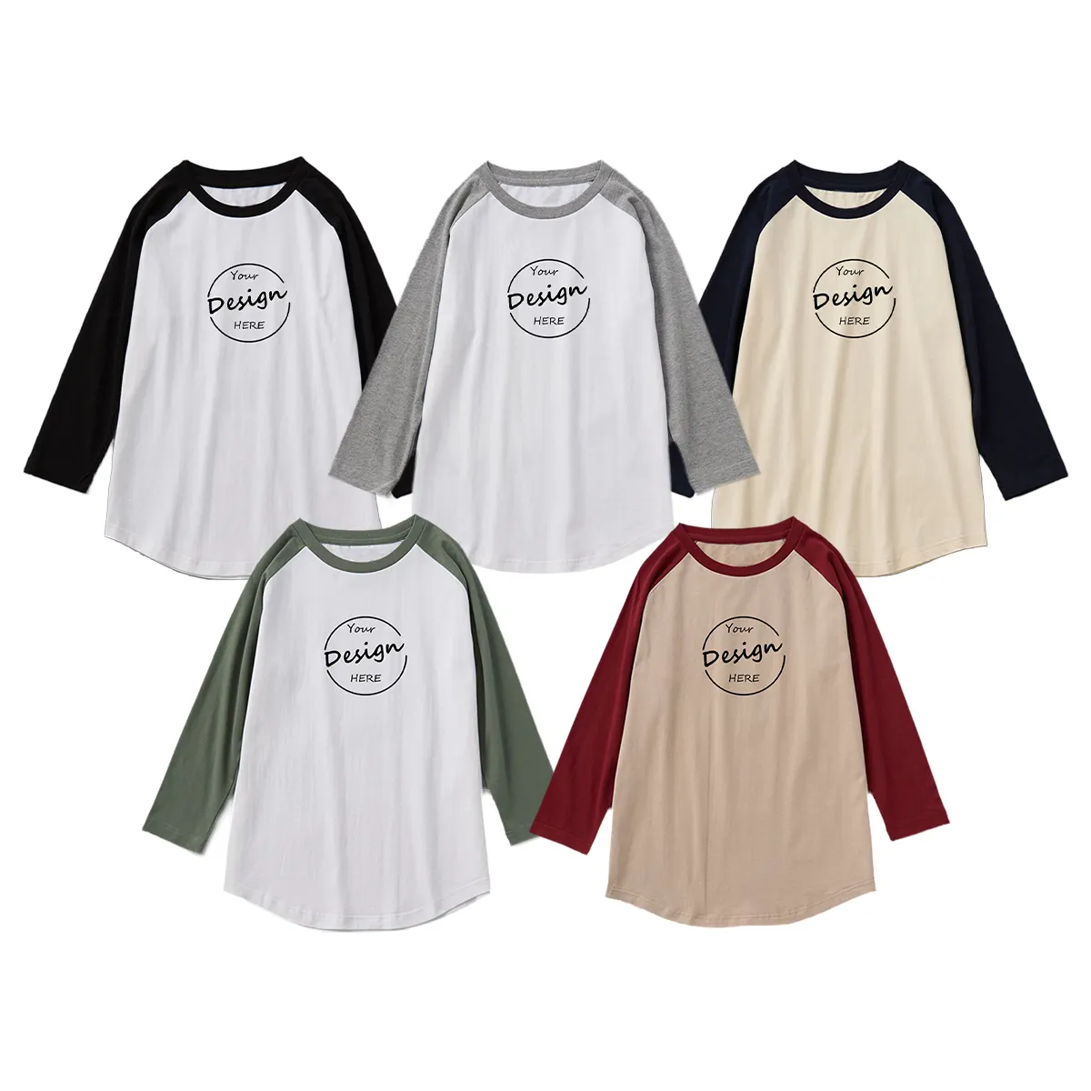 Camiseta unisex de algodão bordado personalizado para homens, camiseta unisex com manga 3/4 colorida, manga raglan, ombro caído