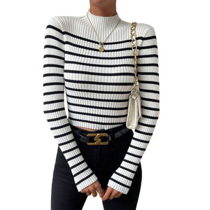 Suéter Casual de Mujer, Corte Ajustado, a <span class=keywords><strong>Rayas</strong></span>, <span class=keywords><strong>Manga</strong></span> <span class=keywords><strong>Larga</strong></span>, <span class=keywords><strong>Cuello</strong></span> <span class=keywords><strong>Alto</strong></span> Acanalado, Moderno y Cálido para Otoño e Invierno - Product Image 4