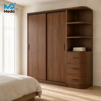 Armoire à portes coulissantes en bois de noyer brun foncé, étagères ouvertes, 3 tiroirs, en kit (KD), contreplaqué mélaminé, fabrication OEM/ODM sur mesure