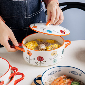 Bol à soupe à double oreille, bol à nouilles instantanées couvert de céramique, dortoir pour étudiants - Product Image 4
