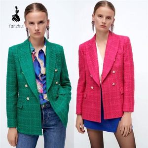 Jas <span class=keywords><strong>Blazer</strong></span> Wanita Motif Kotak-kotak Wol Berkancing Ganda Lengan Panjang Musim Semi Gugur YZ dengan Saku, Cocok untuk Kantor - Product Image 2