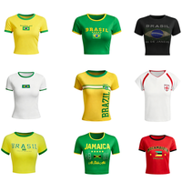 Camiseta Cropped Feminina Barata com Bandeiras do Brasil, Jamaica e Inglaterra, Manga Curta, Ajuste Slim, Estilo Baby Tee Sexy Y2K Retrô Esportivo para o Verão TKAN844