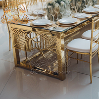 Ensemble de tables à manger modernes pour hôtel, mariage, verre trempé doré, cadre en acier inoxydable, complet, importé, 12 places