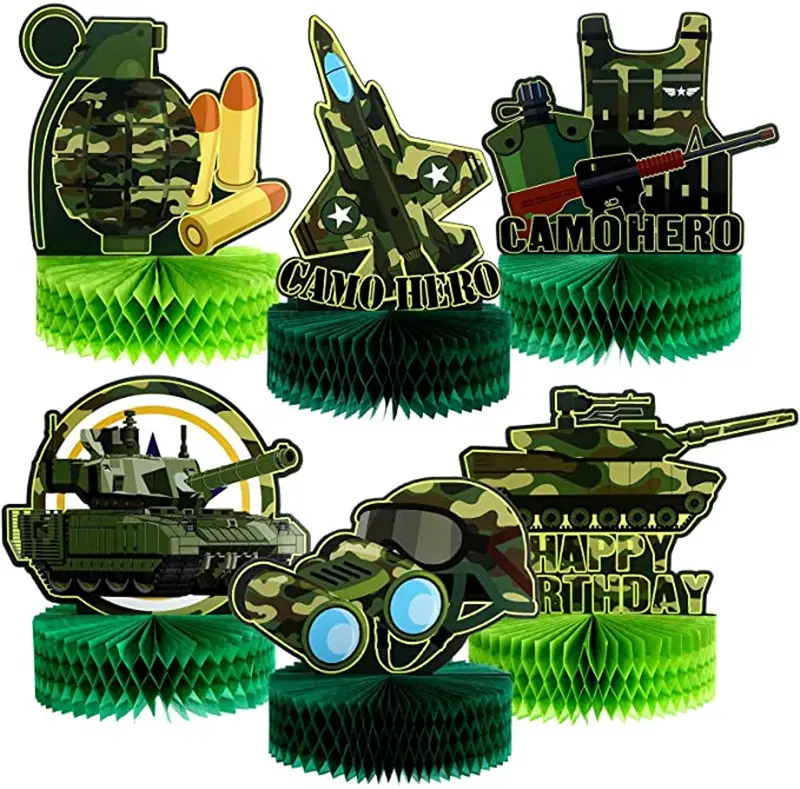 Centro de mesa de panal militar del ejército para niños y niñas, suministros de decoraciones de fiesta de camuflaje, tanque, 6 piezas