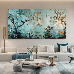 Pintura decorativa <span class=keywords><strong>de</strong></span> <span class=keywords><strong>turquesa</strong></span> y <span class=keywords><strong>flores</strong></span> y pájaros Extra ancha moderna sin marco <span class=keywords><strong>de</strong></span> la marca Diytree para la decoración del hogar y el dormitorio - Product Image 6
