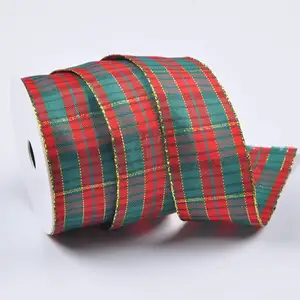 Dubbel Gezicht Rood En Groen Schotse Patroon Geruit Goud Lurex Tartan Lint Voor Huisdecoratie Geschenkverpakking