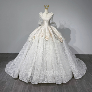 Robe de mariée longue moderne JFH134 avec col carré à pompons, broderies, dentelle, appliques en cristal, fleurs 3D et traîne chapelle - Product Image 1
