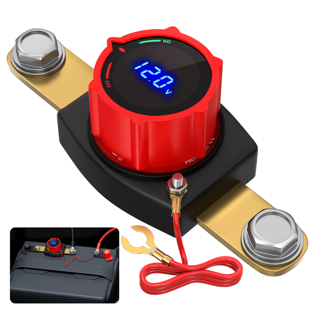ON-OFF DC 5-60V Systems 250A Car Isolator Switch Side Post Battery Cut off Switch Disconnect Negative with Led Voltmeter Display