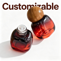 Flacon de parfum carré plat rouge ambre vintage, récipient cosmétique rechargeable avec couvercle rond en bois