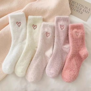 Cute Solid Color Heart Embroidered Fleece <b>Socks</b> For Women Warm Soft Sleep Floor <b>Socks</b> - Product Image 3