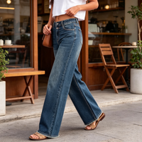 Celana Jeans Wanita Model Baggy Wide Leg 90an, Pinggang Tinggi, Raw Hem, Bahan Denim Stretch, Grosir Pabrik