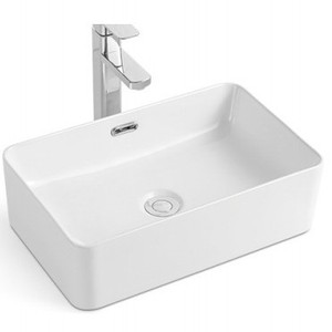 Évier de salle de bain en céramique blanche à poser sur comptoir, vasque rectangulaire à trou unique - Product Image 1