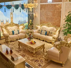 Hot sale European royal palace luxury top quality golden colour genuine leather sofa set living room furniture