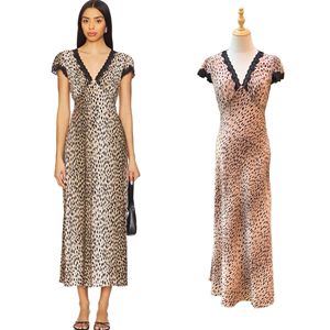 Robe longue de vacances pour femme, col en V à la française, imprimé léopard vintage, dentelle, coupe biaisée, manches courtes en soie - Product Image 1