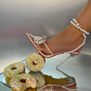 Sandales tendance à bout pointu avec nœud, talon femme, bride cheville croisée, été, perles argentées, talons pour femmes 2024 - Product Image 4