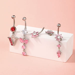 Double Jeweled Pink 316L baja bedah, mode lucu 14G Emas cantik pita dan berkilau permata menjuntai kancing perut/cincin pusar - Product Image 1