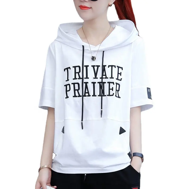 Kaus Lengan Pendek Musim Panas Wanita, Kaus Hoodie All-Cotton Leher O Unisex 2023 Gaya Korea Longgar Musim Panas