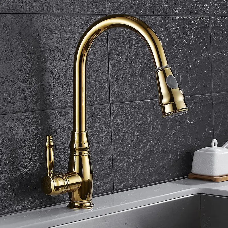 Luxury Pull Down Single Handle Brass Gold Kitchen Sink Faucet With Pull Out Sprayer
